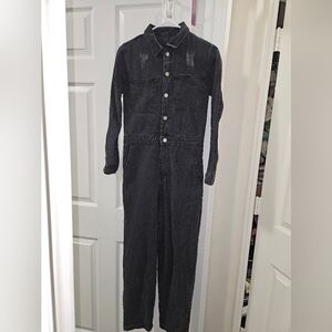 Charcoal Button Up Utility Jumpsuit Women’s Long Sleeve Pocket Romper